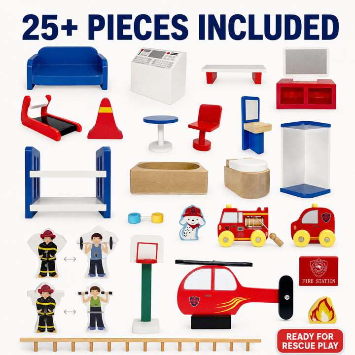 Teamson Kids 3-Story Wooden Fire Station Playset, Red Rotating Hydrant-Shaped Firehouse Pretend Play Set with 24 Pretend Play Figurines Including Fire Truck, Car, Helicopter, Rotating Base, Slide