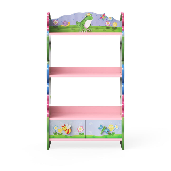 A 3-tier bookshelf with storage drawers in a magic garden theme