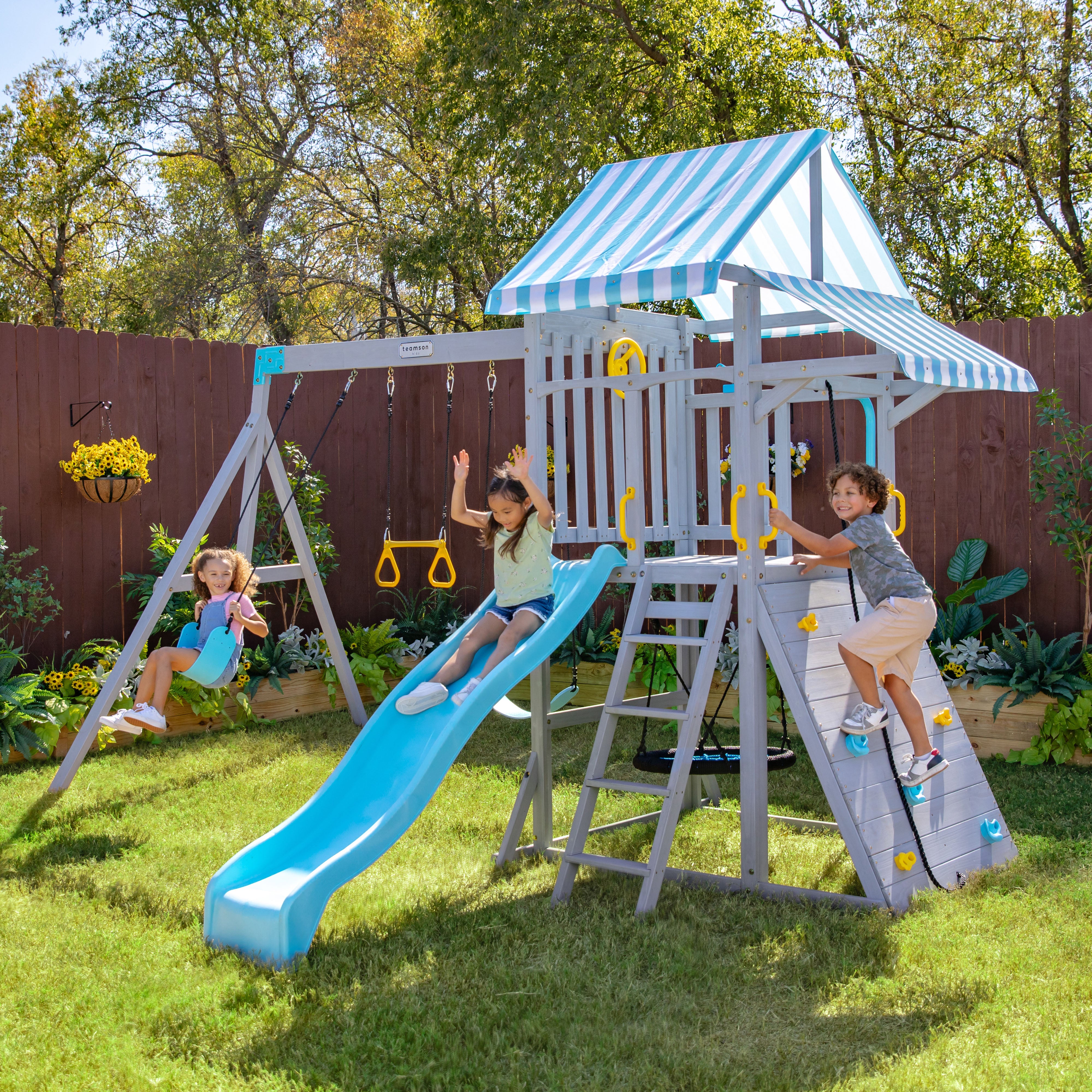 Teamson Kids Laguna Swing Set Playset with Platform & Rock Wall