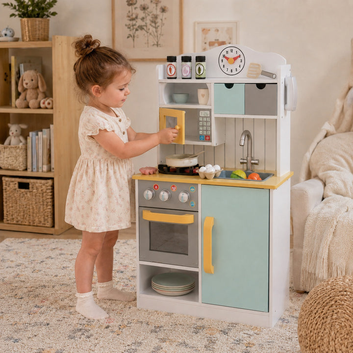 Teamson Kids Little Chef Florence Compact Wooden Play Kitchen with Oven, Microwave, Sink, Half Fridge, Clicking Knobs, Storage, 5 Accessories, Pretend Play Set, Ages 3+, 35.5 Inches High