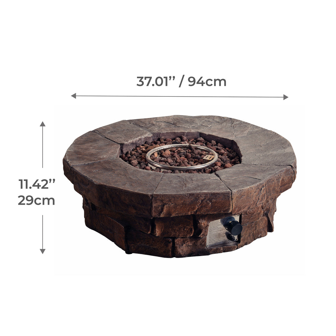 Dimensional graphic for a round faux brick gas fire pit in inches and centimeters