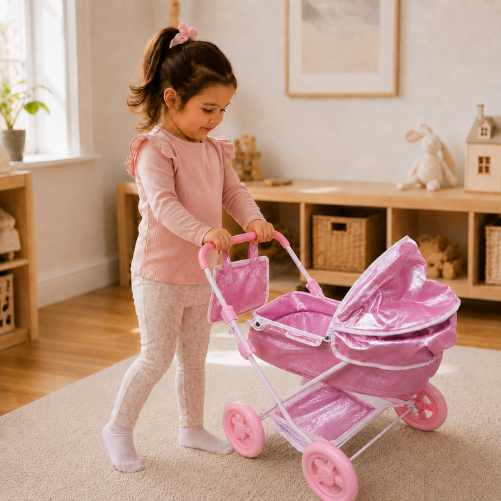 Olivia's Little World Baby Doll Bassinet Pram with Cover, Glitter Pink Doll Stroller with Retractable Canopy, Handle, Doll Seatbelt , All-terrain Wheels and Under Pram Storage for Doll Accessories