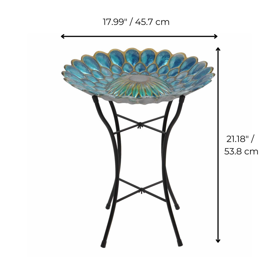 teal and gold flower themed birdbath with dimensions, stands 21 inches tall