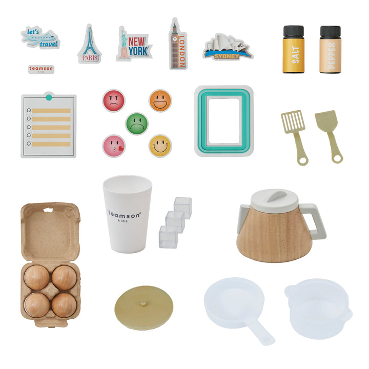 Accessories with a play kitchen including pretend food, dish ware, magnets and pans