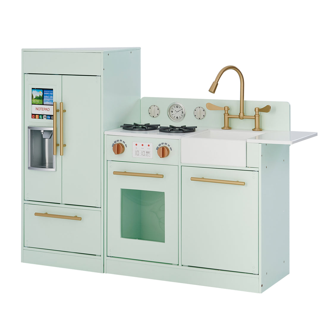 Teamson Kids Little Chef Charlotte Modern Play Kitchen in Mint/Gold with interactive features, accessories, and pretend appliances.