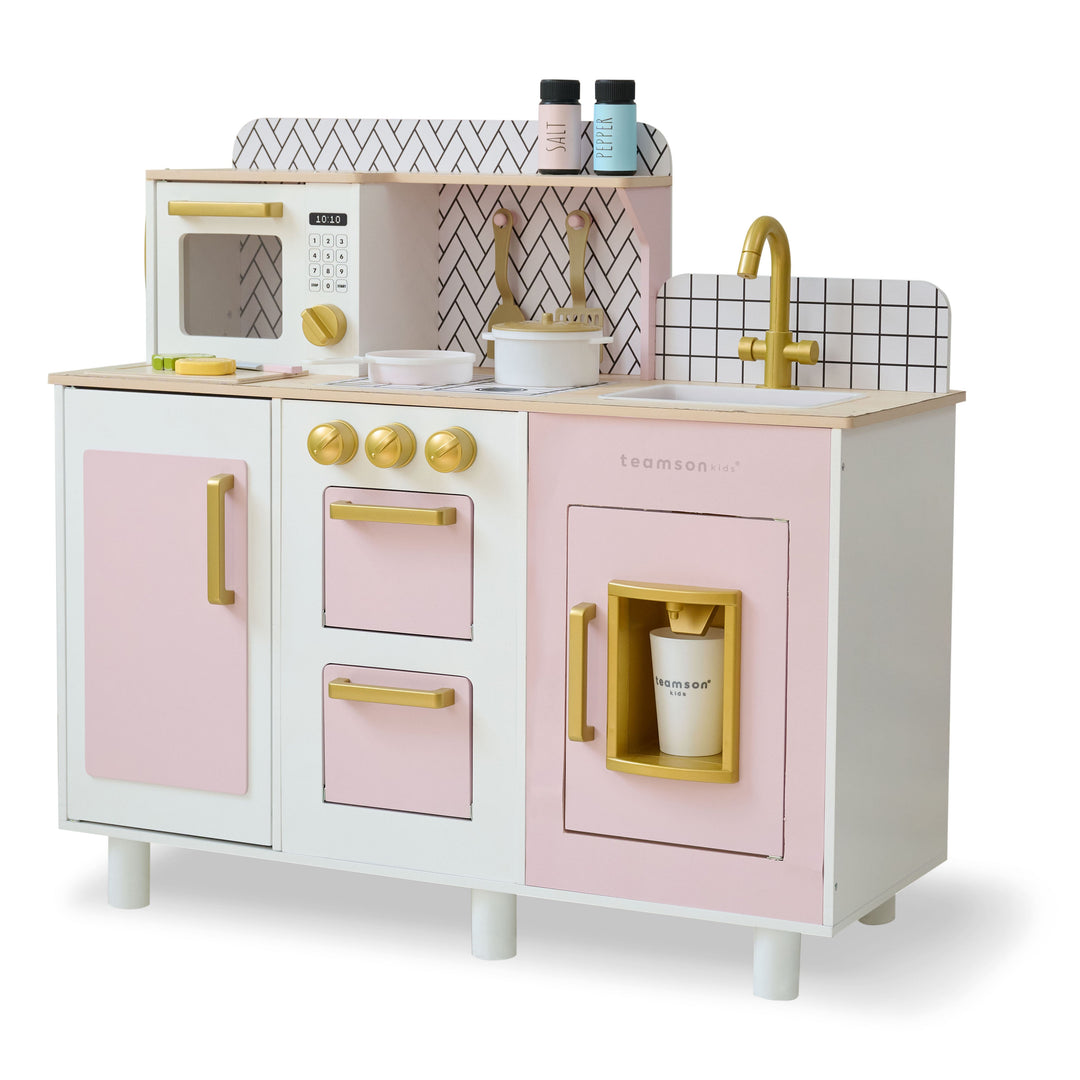 Wooden Play Kitchen with 17 Accessories, Pink - Little Chef Hampton by Teamson Kids