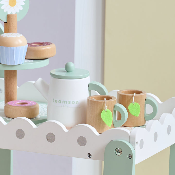 Afternoon Sip Wooden Dessert Cart with 24 Play Food Pieces for Pretend Play by Teamson Kids