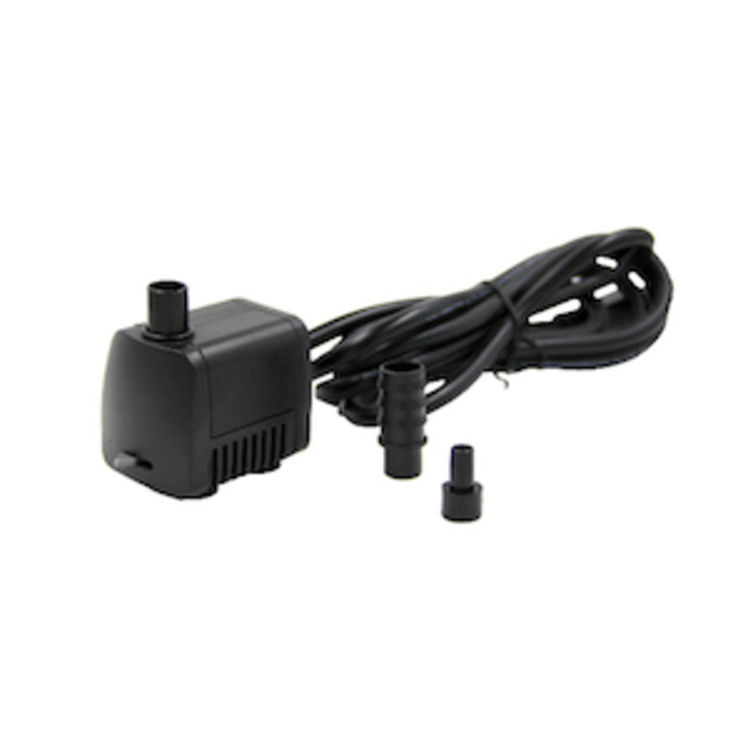 A black submersive pump for a water pump with a long power cord and multiple nozzles