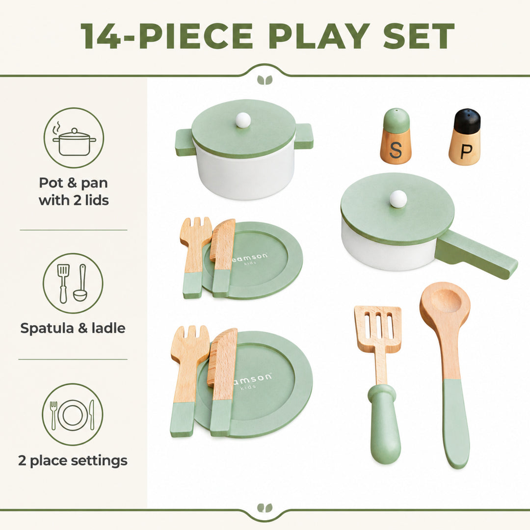 Teamson 14-Piece Wooden Play Kitchen Cookware Set with Green Utensils Set 2 Pots with Matching Lids, Spatula, Serving Spoon, 2 Plates, 2 Knives, 2 Forks, Salt and Pepper Shakers, Little Chef Frankfurt