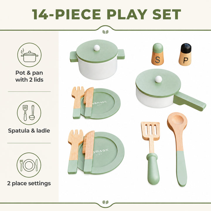 Teamson 14-Piece Wooden Play Kitchen Cookware Set with Green Utensils Set 2 Pots with Matching Lids, Spatula, Serving Spoon, 2 Plates, 2 Knives, 2 Forks, Salt and Pepper Shakers, Little Chef Frankfurt
