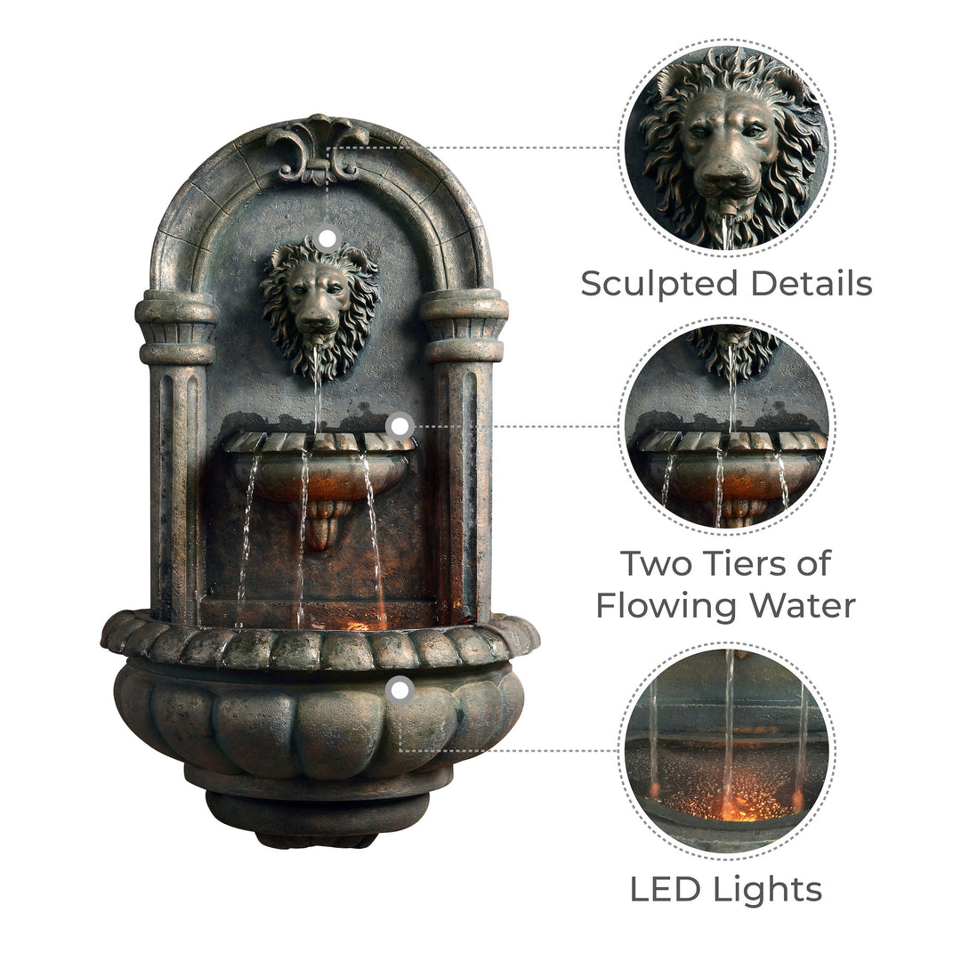 Infographic of a wall water fountain - sculpted details, two tiers of flowing water and LED lights