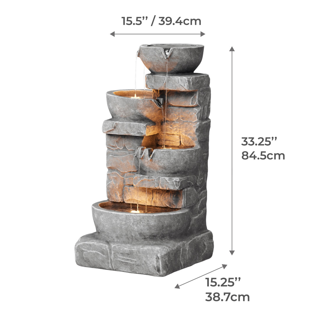 Dimensional graphic of a 4-tier faux gray stone water fountain in inches and centimeters