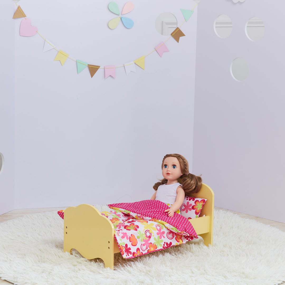 Olivia's Little World Little Princess Yellow Single Bed with Bedding for 18" Dolls