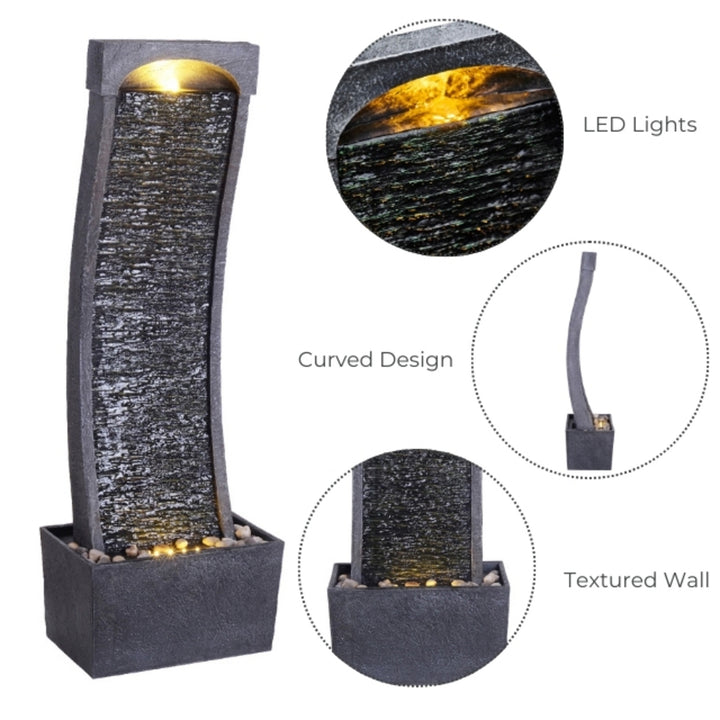 an image with inset photos shows the fountains LED lights, profile view and textured wall details