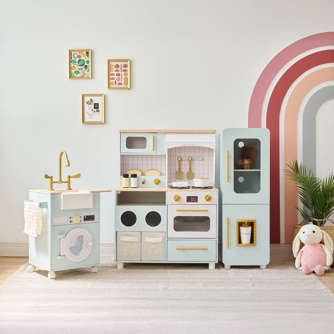 3-Pcs Wooden Play Kitchen with 21 Accessories, Green - Little Chef Savannah by Teamson Kids