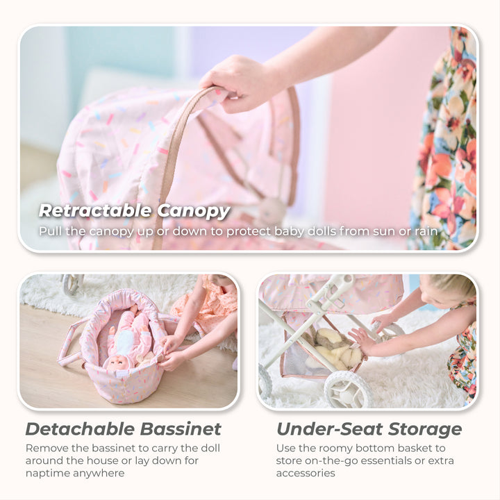 15-18 Inch Baby Doll Stroller, Beige - Confetti Doll Classic Stoller by Olivia's Little World