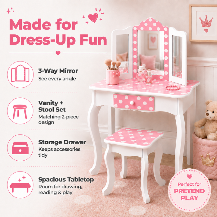 Teamson Kids Gisele Polka Dot Kids Vanity Table & Stool, White & Pink