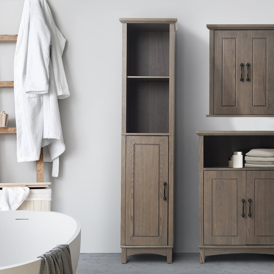A gray wood linen cabinet with two shelves at the top and a cabinet on the bottom