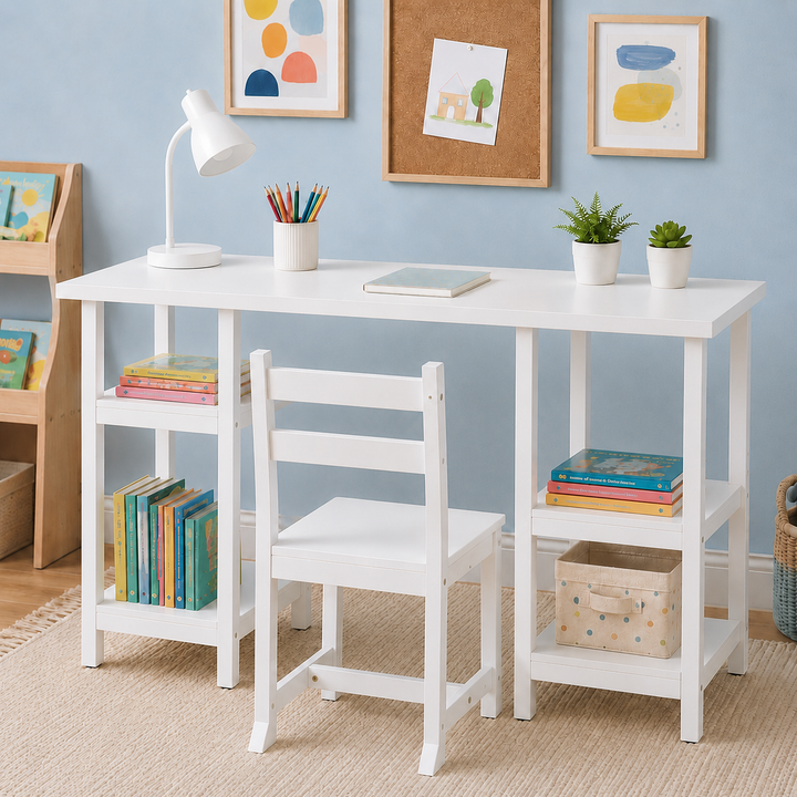 Teamson Kids Wooden Desk & Chair Set with 4 Open Storage Shelves, Spacious Tabletop, Anti-Tip Chair for Reading, Writing, Homework, Drawing & Crafts, Ages 3+, White