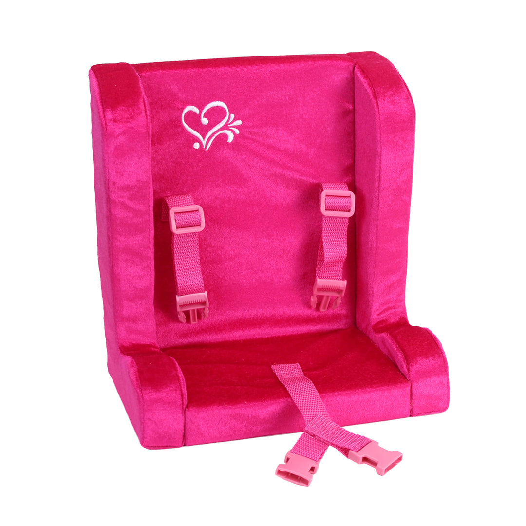 A hot pink car seat for 18" dolls with straps