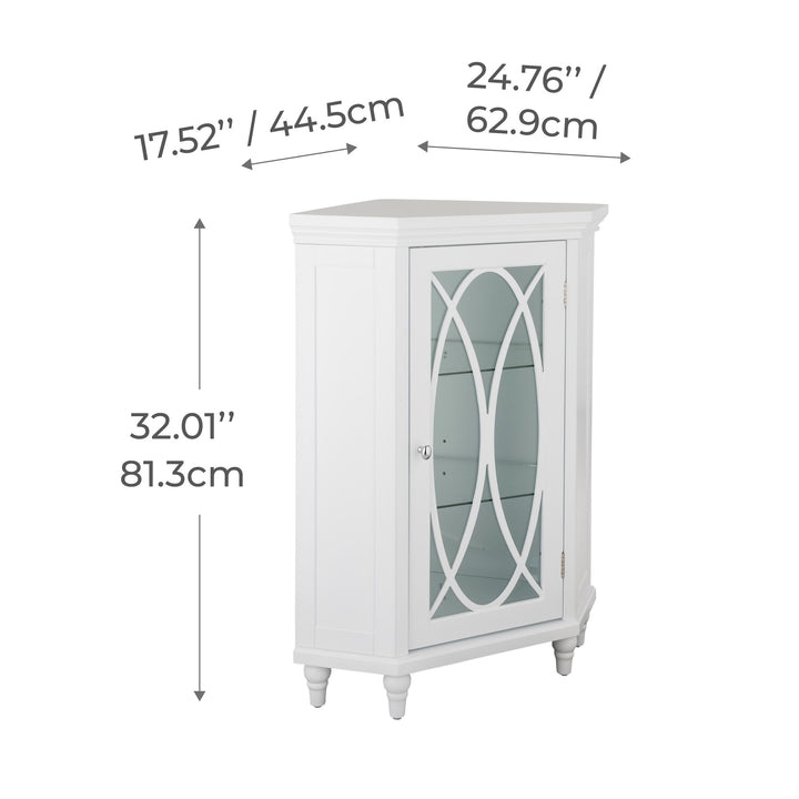Dimensional graphic of a white corner floor cabinet in inches and centimeters
