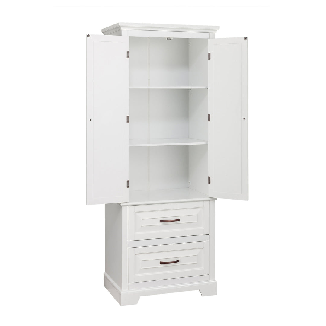 An open tall white cabinet with two empty shelves inside and two bottom drawers