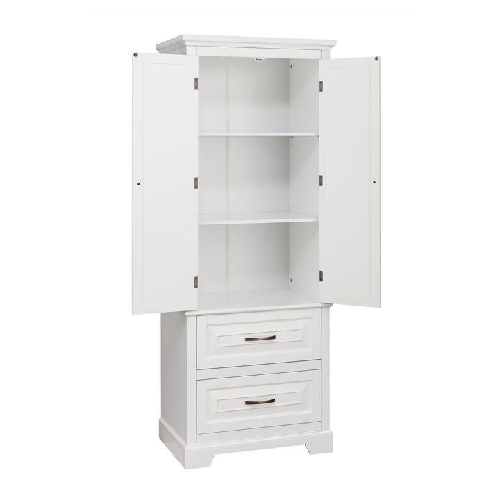 An open tall white cabinet with two empty shelves inside and two bottom drawers