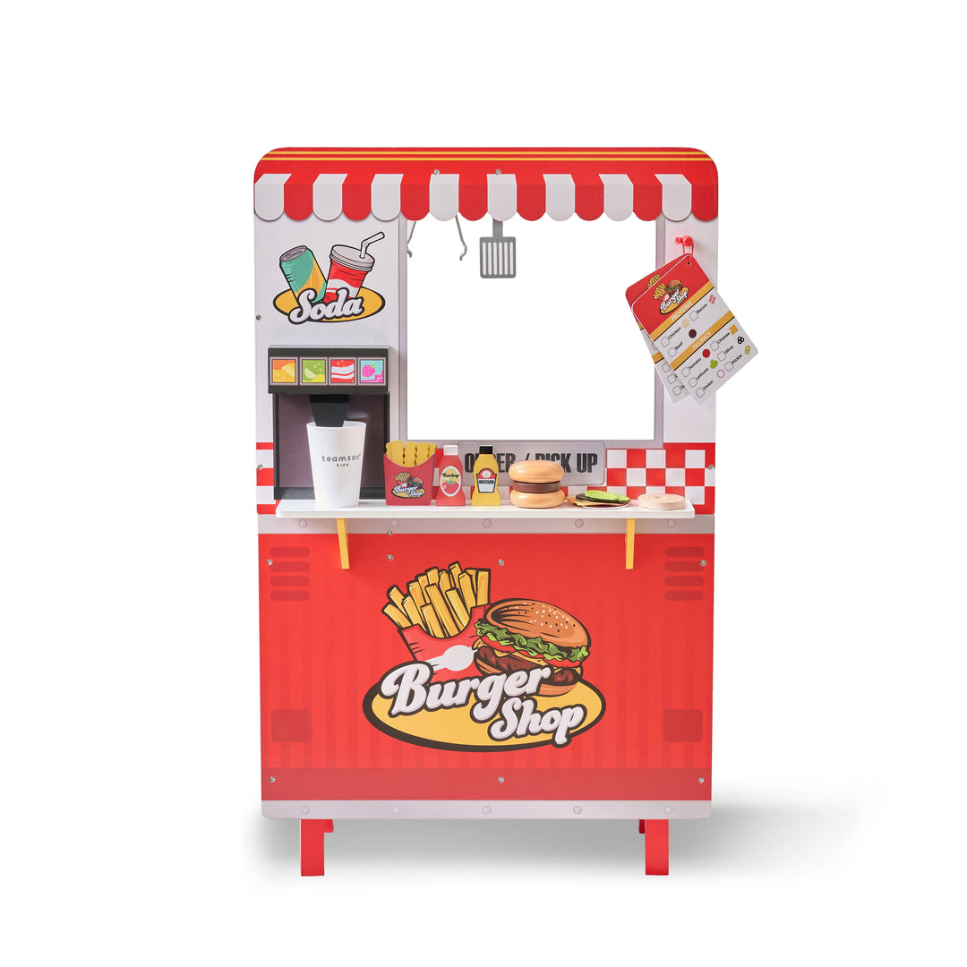 Wooden Play Burger Shop with 29 Accessories, Red - Flip & Fry Teamson Kids