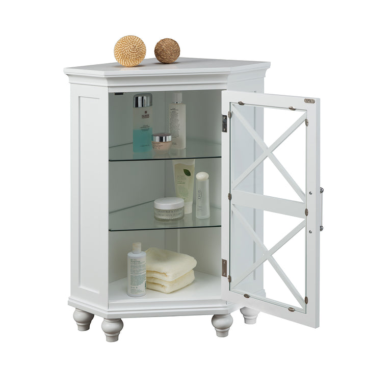 A corner floor cabinet with an open glass door and two glass shelves with products inside