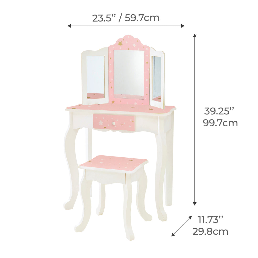 A dimensional graphic for a kids white vanity with pink accents and gold stars