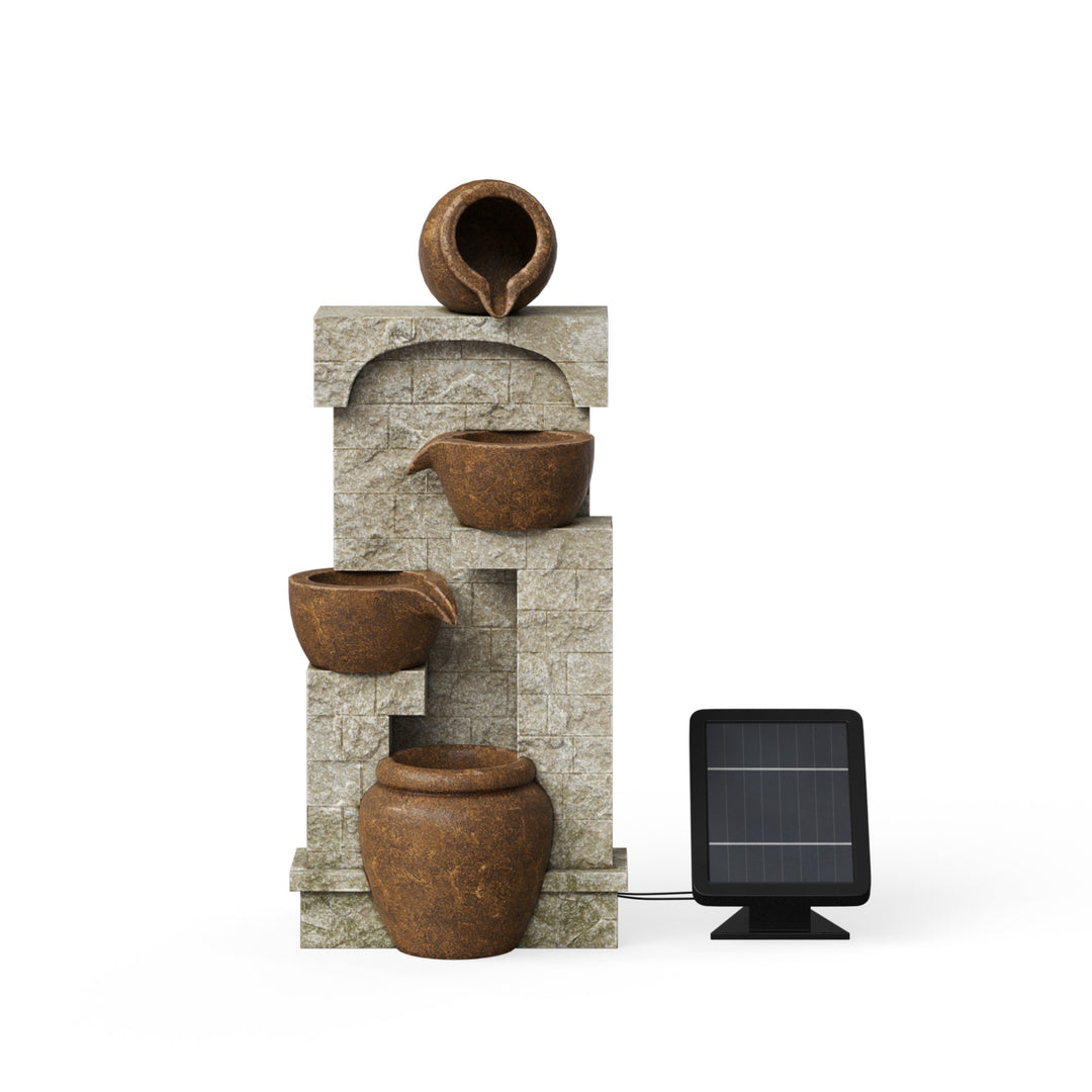A 4-tier solar powered water fountain with faux stacked bricks and pots and solar panel