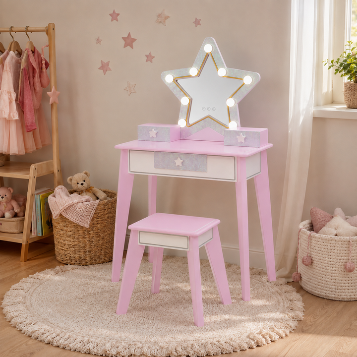 Teamson Kids Light-Up Vanity Table and Stool Set with Star Shaped Mirror, Little Princess Pink Pretend Movie Star Play Set with LED Lights, 3 Drawers and Matching Star Drawer Handles