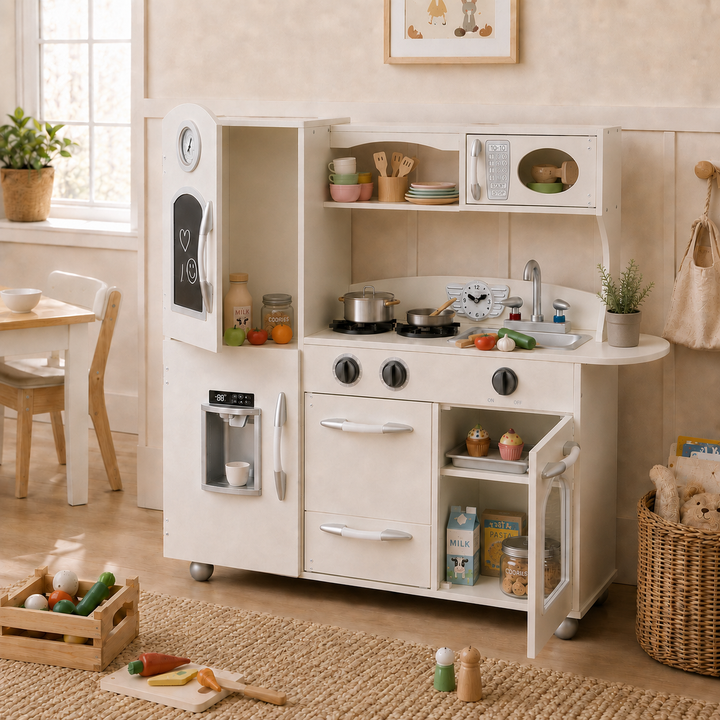 Teamson Kids Little Chef Westchester Retro Medium Play Kitchen with Fridge, Oven, Removable Sink, Chalkboard Panel, Clicking Knobs, Storage and Accessories