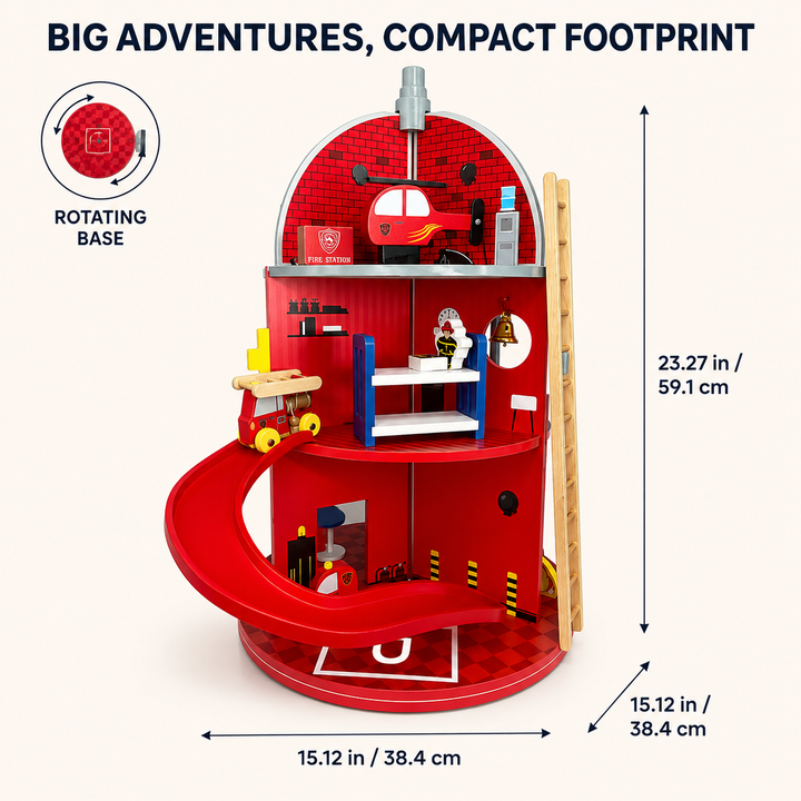 Teamson Kids 3-Story Wooden Fire Station Playset, Red Rotating Hydrant-Shaped Firehouse Pretend Play Set with 24 Pretend Play Figurines Including Fire Truck, Car, Helicopter, Rotating Base, Slide