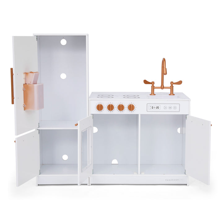 Little Chef Milano Two-Piece Modular Modern Delight Play Kitchen with Cooking Accessories, Faux Marble Finish, & Rose Gold Hardware, White