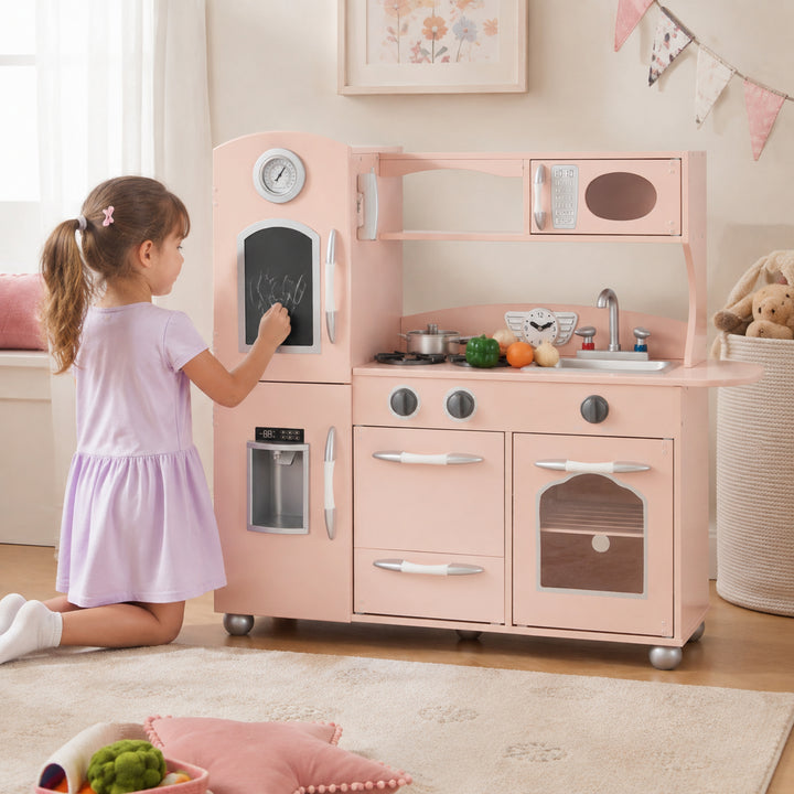 Teamson Kids Little Chef Westchester Retro Wooden Play Kitchen with Fridge, Oven, Removable Sink, Chalkboard Panel, Clicking Knobs, Storage and Accessories