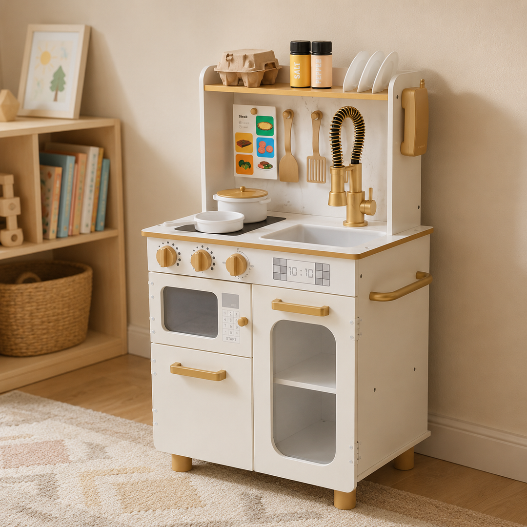 Teamson Kids Wooden Play Kitchen Set with 16 Accessories, Extendable Faucet, White and Gold Compact Wooden Play Kitchen, Oven, Sink, Clicking Knobs, Shelves and Storage Little Chef Memphis