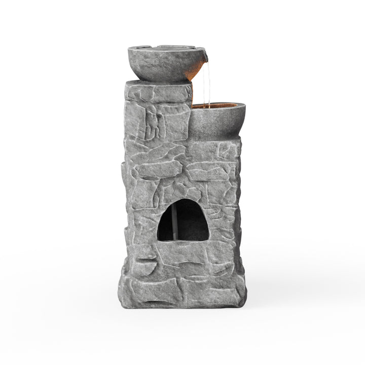 Back view of a 4-tier faux gray stone water fountain