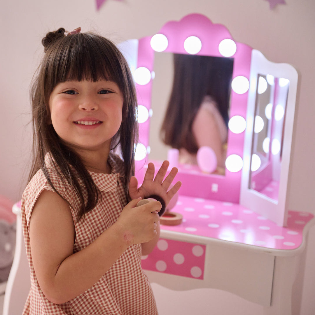 Teamson Kids Engineered Wood Vanity Set with LED Lighted Tri-Fold Acrylic Mirror, Storage Drawer, Matching Stool, Rounded Corners, White/Pink, Fantasy Fields Gisele Polka Dot Pretend Play Vanity Desk