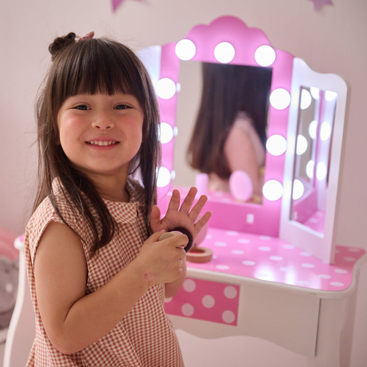 Teamson Kids Engineered Wood Vanity Set with LED Lighted Tri-Fold Acrylic Mirror, Storage Drawer, Matching Stool, Rounded Corners, White/Pink, Fantasy Fields Gisele Polka Dot Pretend Play Vanity Desk