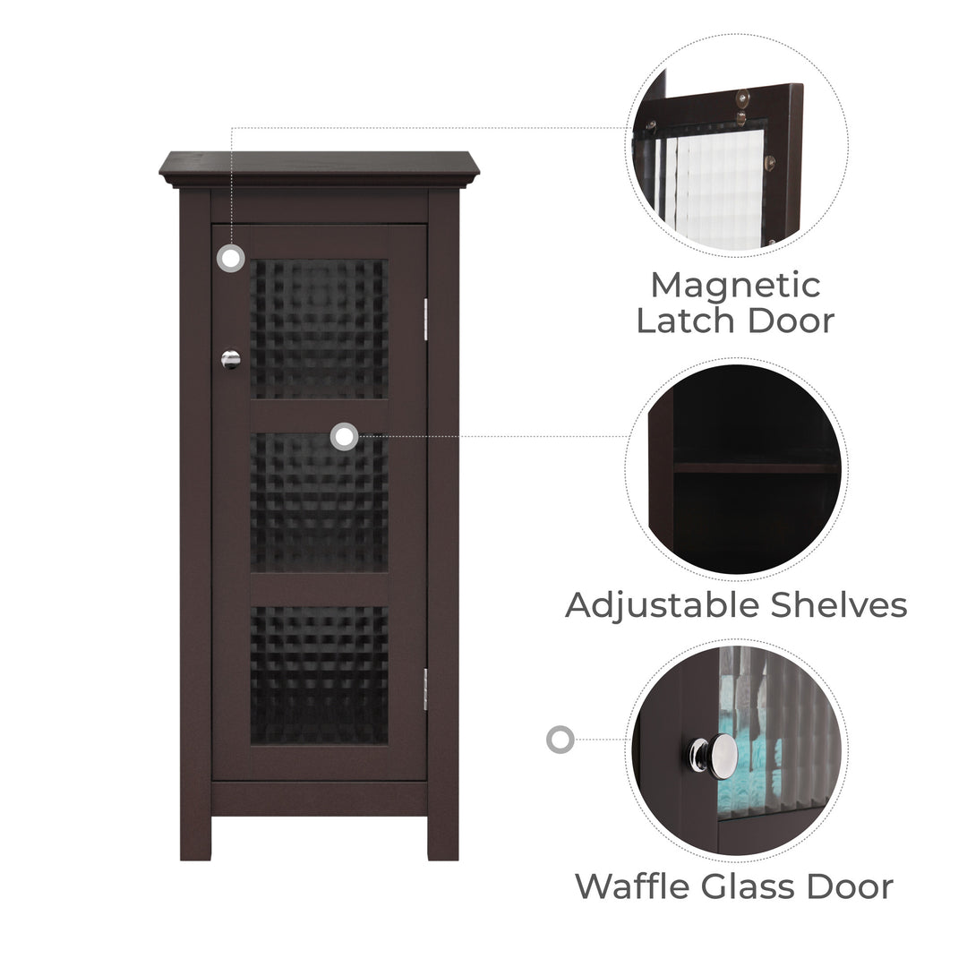 brown cabinet with features include, magnetic latch door, adjustable shelves, waffle glass doors