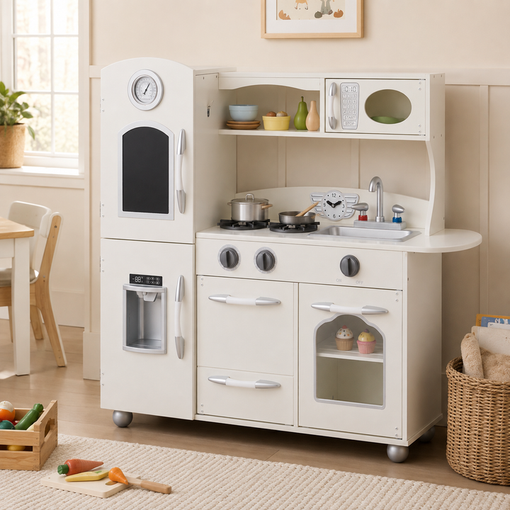 Teamson Kids Little Chef Westchester Retro Medium Play Kitchen with Fridge, Oven, Removable Sink, Chalkboard Panel, Clicking Knobs, Storage and Accessories