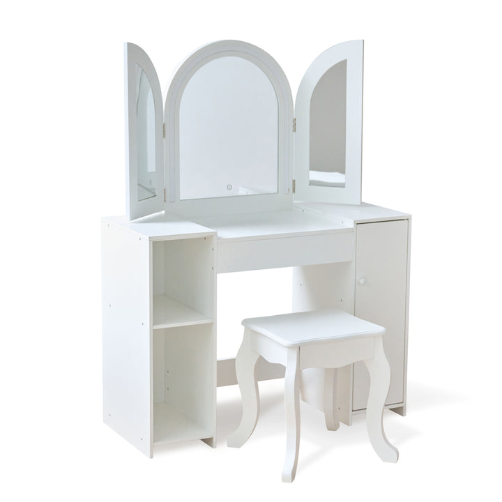 Kids Vanity & Desk Table with LED Lights, White - Deluxe Glow Vanity Set by Teamson Kids