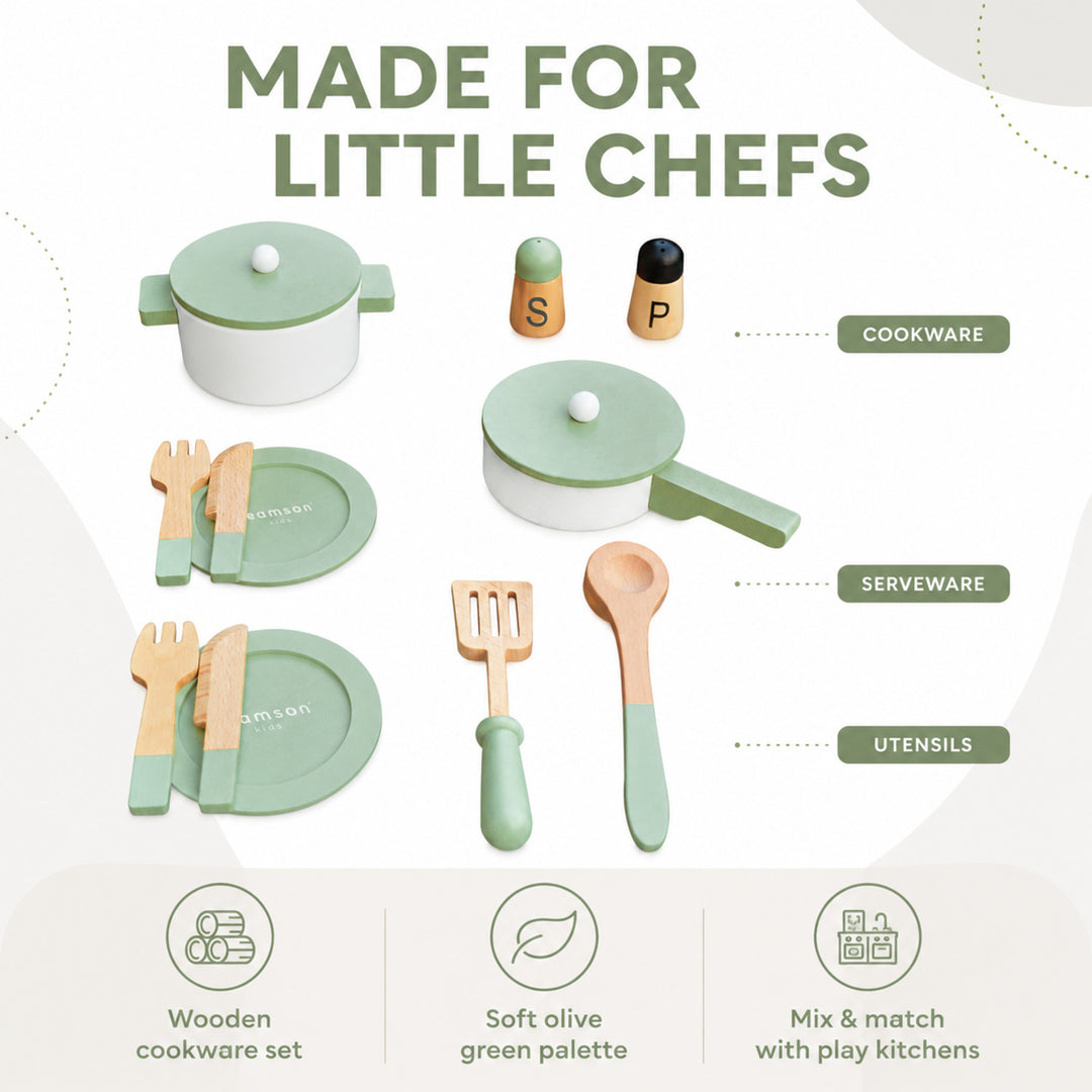 Teamson 14-Piece Wooden Play Kitchen Cookware Set with Green Utensils Set 2 Pots with Matching Lids, Spatula, Serving Spoon, 2 Plates, 2 Knives, 2 Forks, Salt and Pepper Shakers, Little Chef Frankfurt