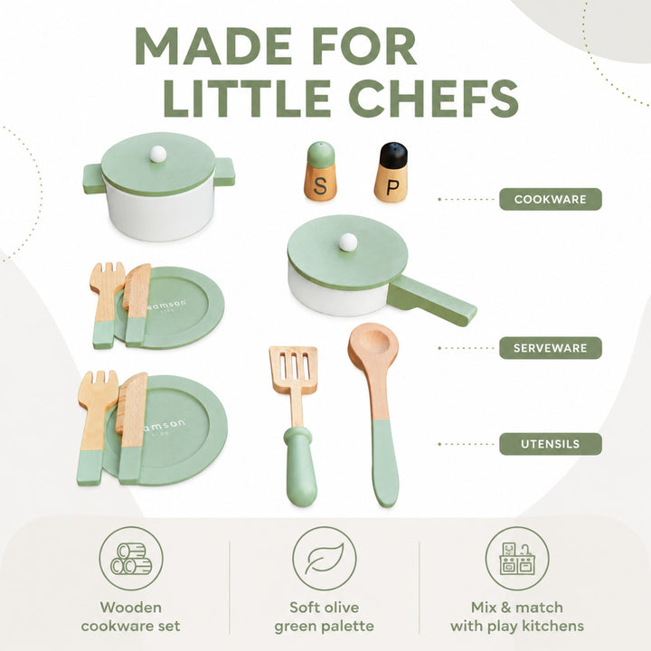 Teamson 14-Piece Wooden Play Kitchen Cookware Set with Green Utensils Set 2 Pots with Matching Lids, Spatula, Serving Spoon, 2 Plates, 2 Knives, 2 Forks, Salt and Pepper Shakers, Little Chef Frankfurt
