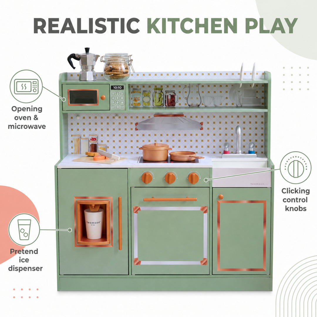 Teamson Kids Wooden Play Kitchen Set with 15 Accessories, Green Retro-style Wooden Pretend Play Kitchen with Ice Dispenser, Oven, Microwave, Sink Little Chef St. Louis