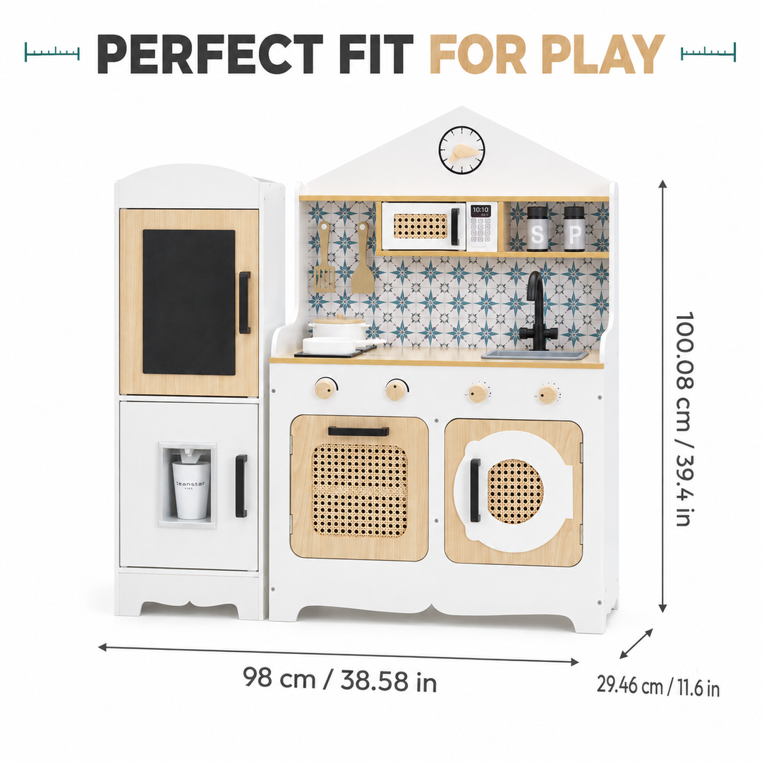 Teamson Kids Large Wooden Play Kitchen Set, White and Natural, Pretend Play Kitchen, Fridge with Pretend Ice Dispenser, Oven, Microwave, Sink and Washer with 11 Accessories, Little Chef Morocco