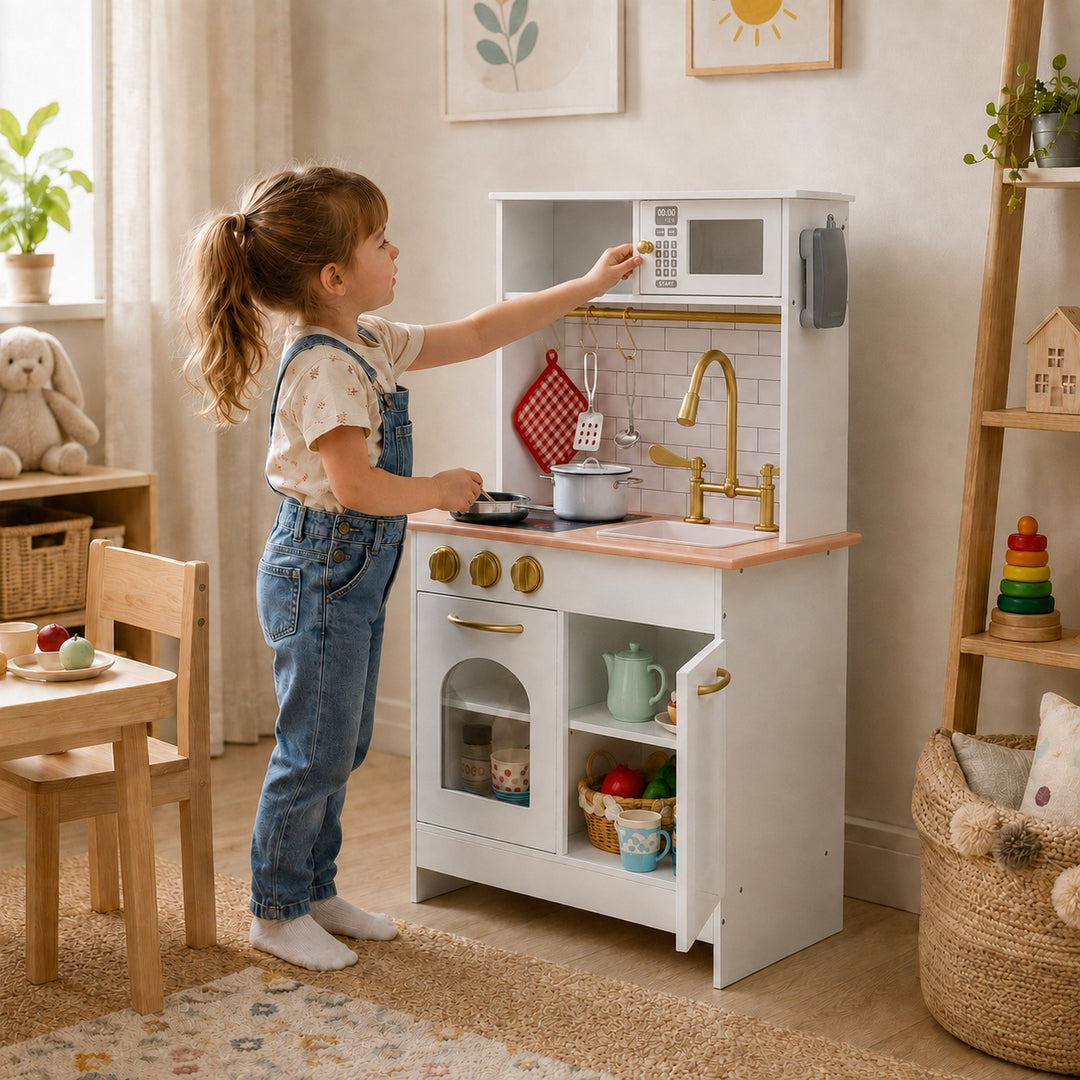 Teamson Kids Little Chef Boston Small Wooden Play Kitchen with Oven, Microwave, Sink, Clicking Knobs, Utensil Hooks, Storage Shelf and 9 Accessories