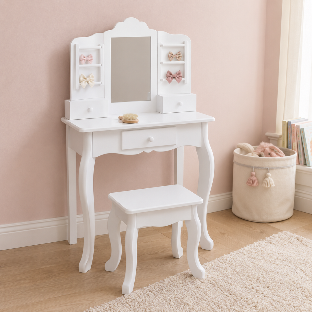 Teamson Kids Wooden Kids Vanity Table and Stool Set, Brilliant White, Modern Pretend Play Set with Shatterproof Acrylic Mirror, 3 Storage Drawers, Jewelry Hooks Little Princess Anna
