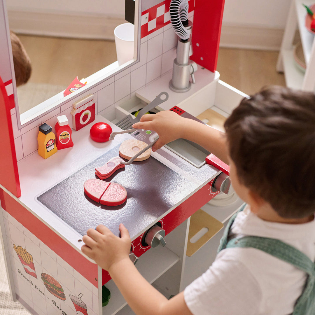 Wooden Play Burger Shop with 29 Accessories, Red - Flip & Fry Teamson Kids